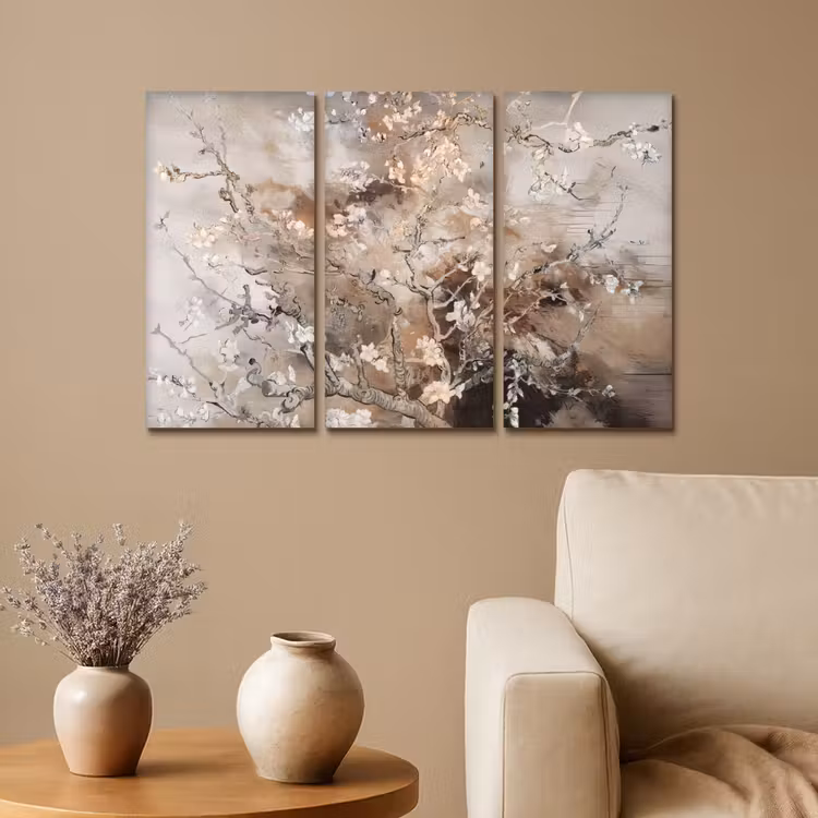 Meerluik schilderij - 3 luiken - Amandelbloesem - Abstract - Beige — 1