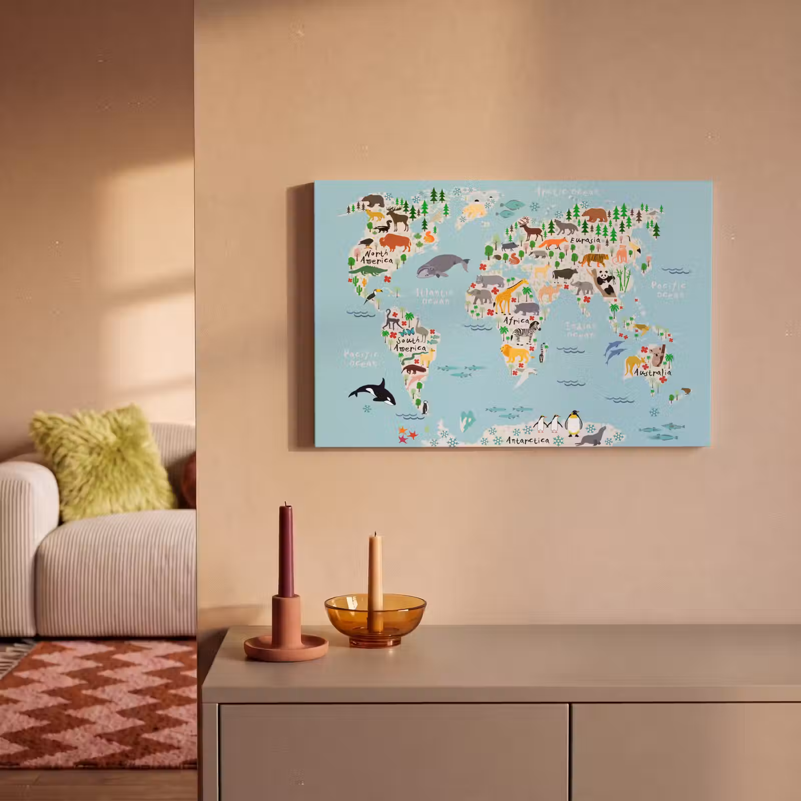 Canvas schilderij - Wereldkaart - Kinderen - Dieren - Blauw - Orka - Walvis — 1