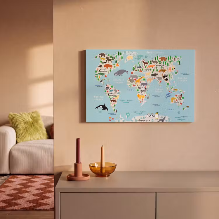 Canvas schilderij - Wereldkaart - Kinderen - Dieren - Blauw - Orka - Walvis — 1