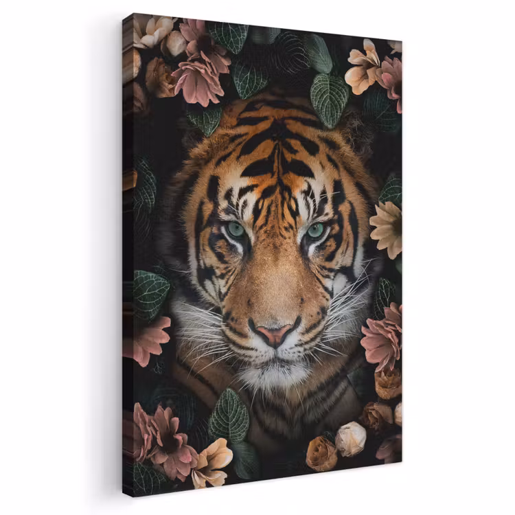 Canvas schilderij - Tijger - Bloemen - Bladeren — 1