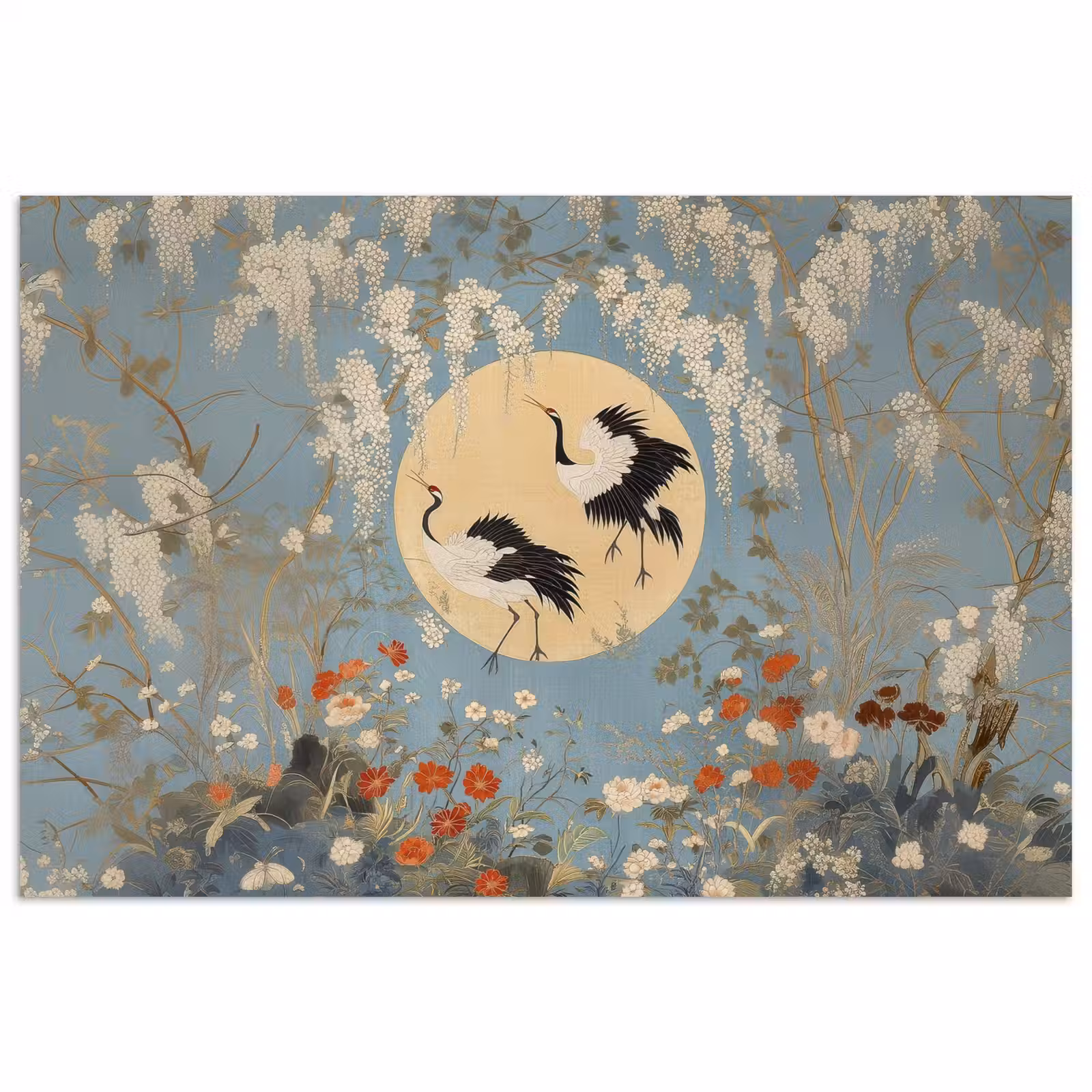 Poster – Kraanvogels - Maan - Bloemen - Blauw — 1