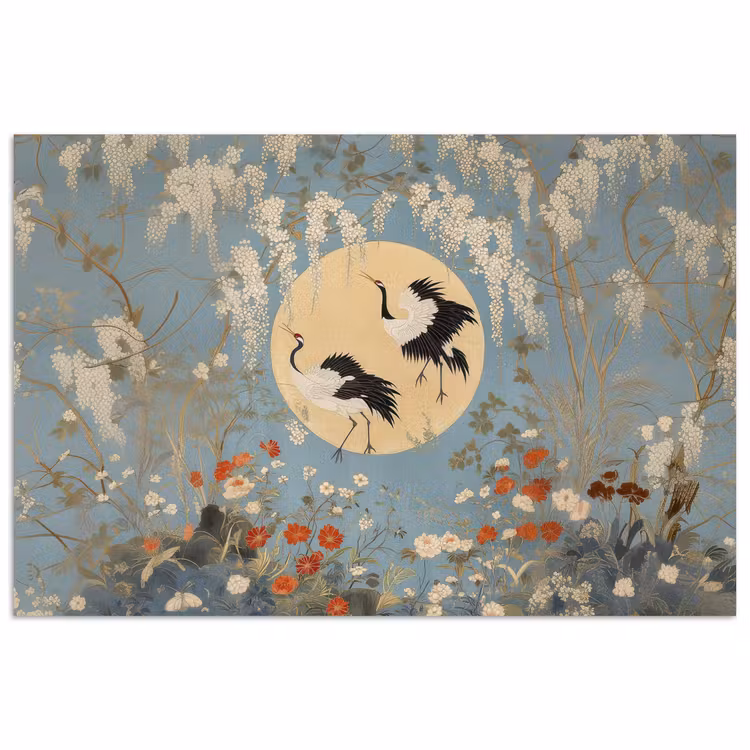 Poster – Kraanvogels - Maan - Bloemen - Blauw — 1
