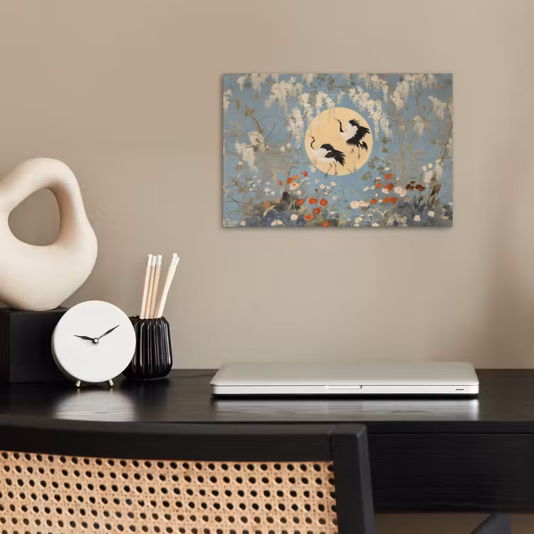 Poster – Kraanvogels - Maan - Bloemen - Blauw — 2