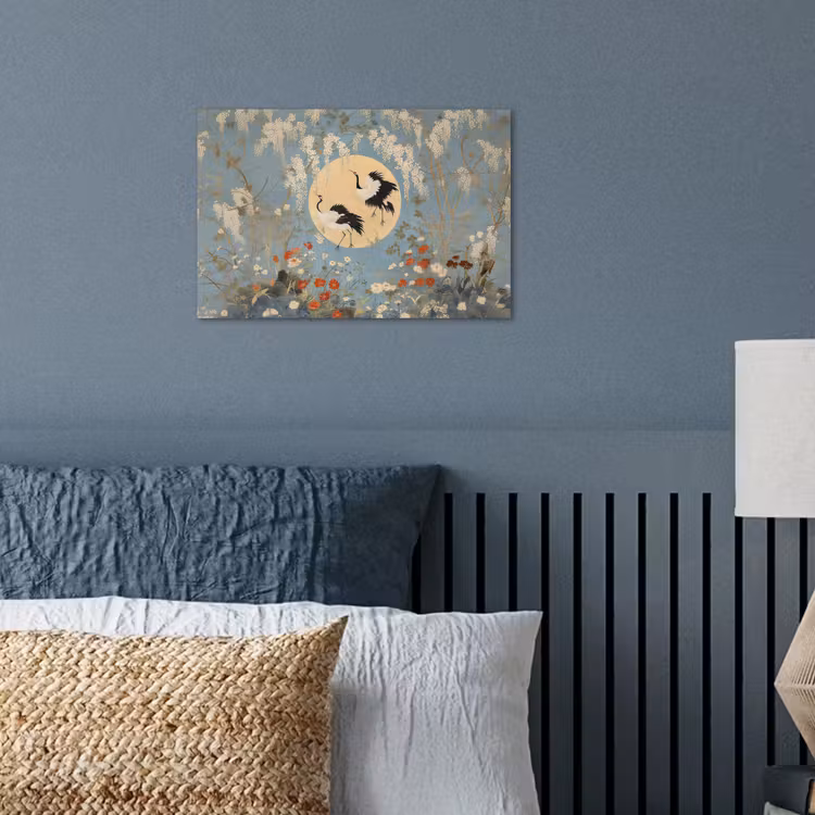 Poster – Kraanvogels - Maan - Bloemen - Blauw — 3
