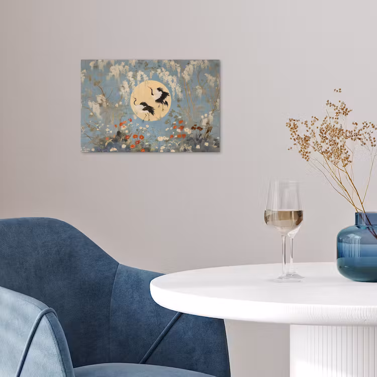 Poster – Kraanvogels - Maan - Bloemen - Blauw — 4