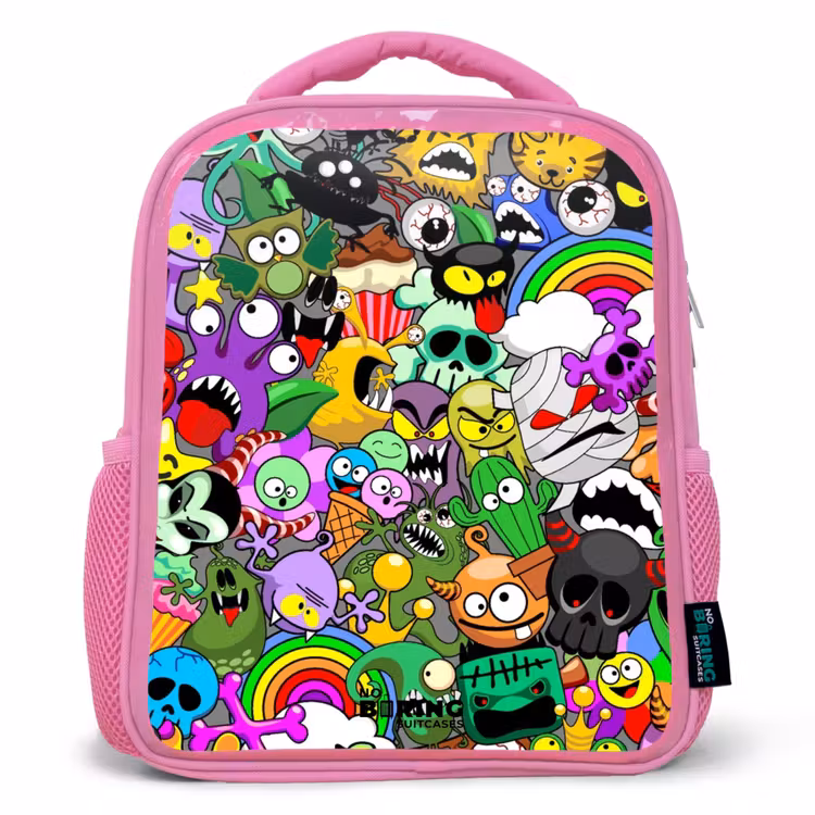 Rugzak kind - roze - Chaotisch kleurrijk monster patroon — 1