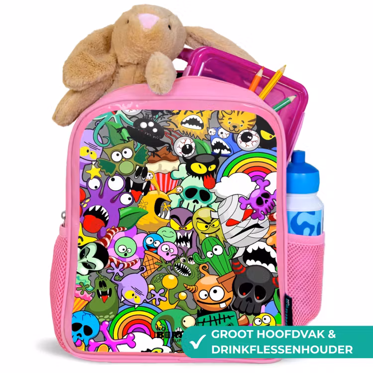 Rugzak kind - roze - Chaotisch kleurrijk monster patroon — 2