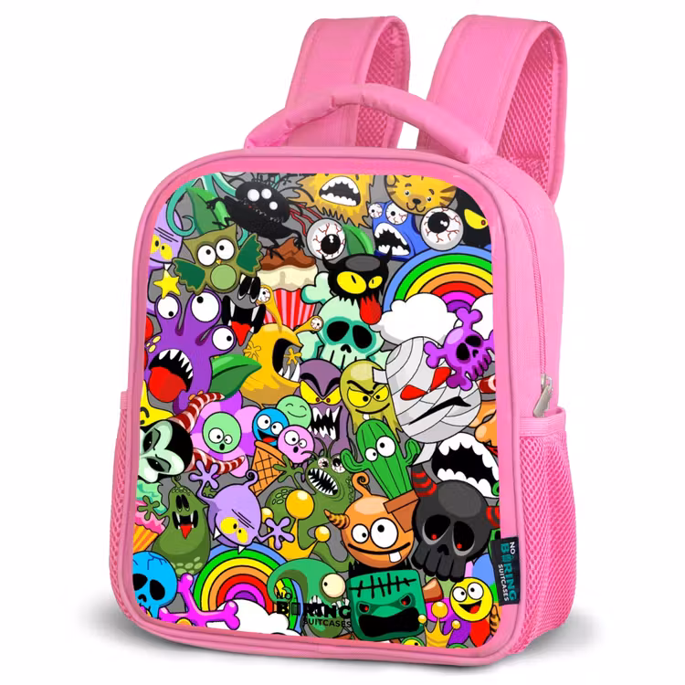 Rugzak kind - roze - Chaotisch kleurrijk monster patroon — 4