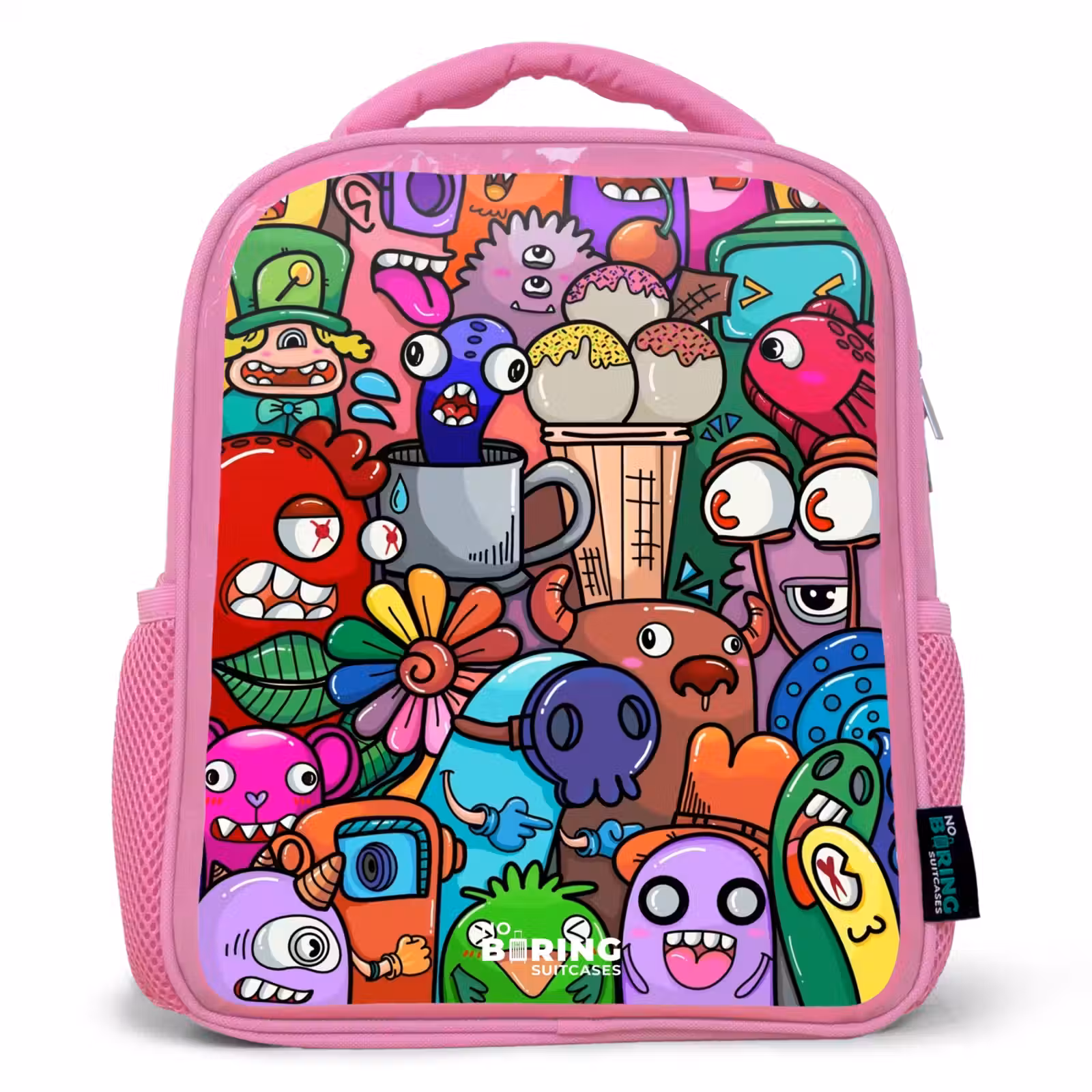 Rugzak kind - roze - Monsters, bloemen en ijsje patroon — 1