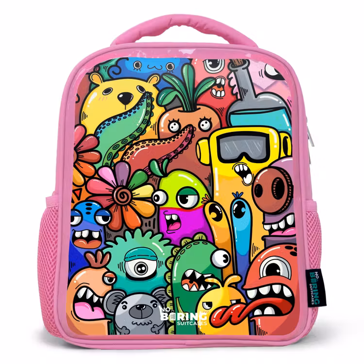 Rugzak kind - roze - Expressief en druk patroon met monsters — 1