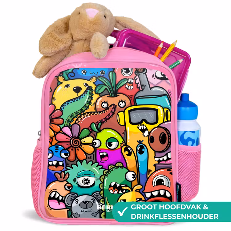 Rugzak kind - roze - Expressief en druk patroon met monsters — 2