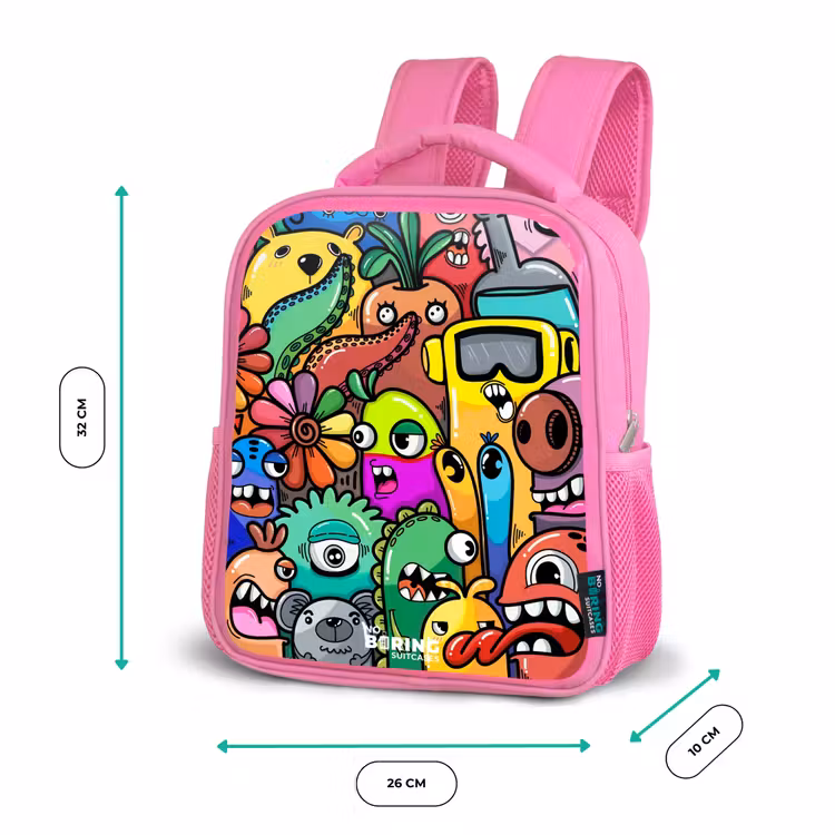 Rugzak kind - roze - Expressief en druk patroon met monsters — 3