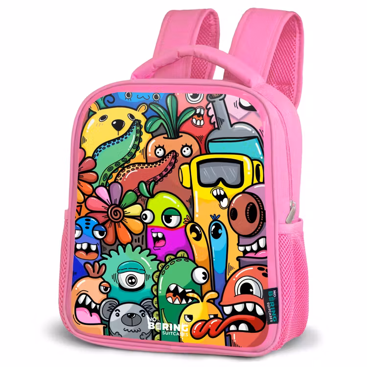 Rugzak kind - roze - Expressief en druk patroon met monsters — 4