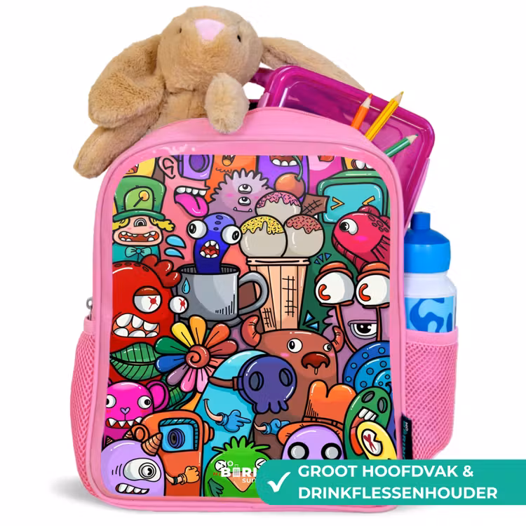 Rugzak kind - roze - Monsters, bloemen en ijsje patroon — 2