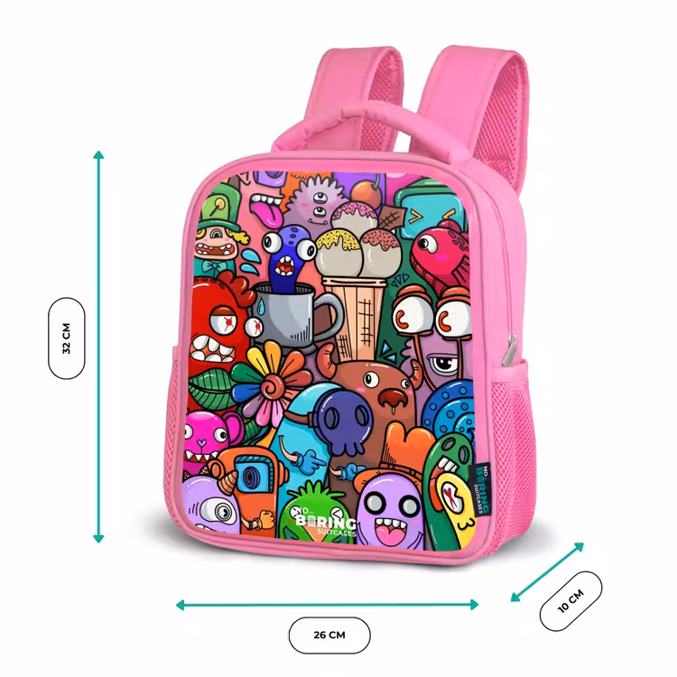 Rugzak kind - roze - Monsters, bloemen en ijsje patroon — 3