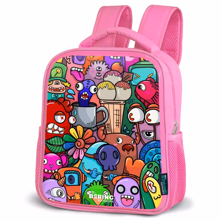 Rugzak kind - roze - Monsters, bloemen en ijsje patroon — 4