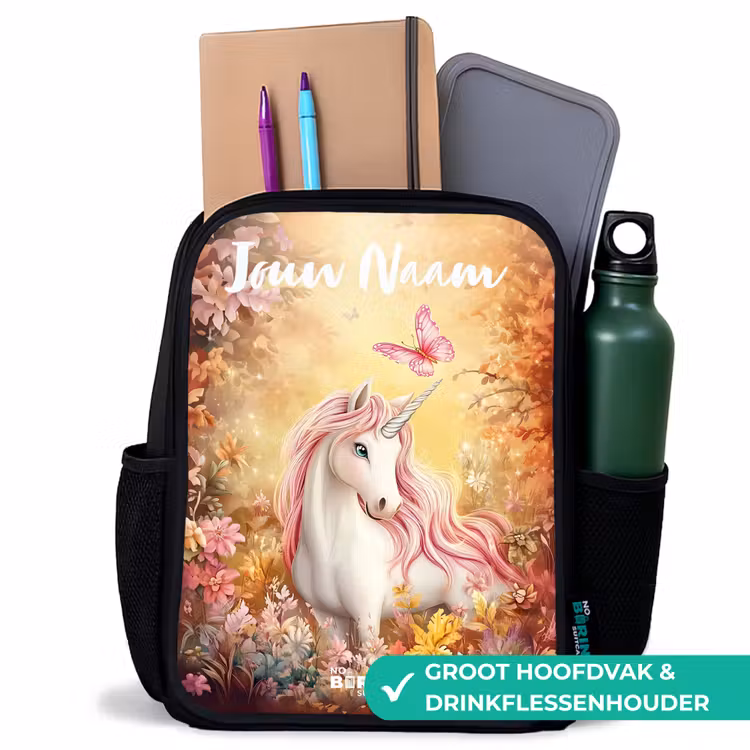 Kinderrugzak met naam - Zwart - Eenhoorn - Vlinder - Roze - Manen — 4