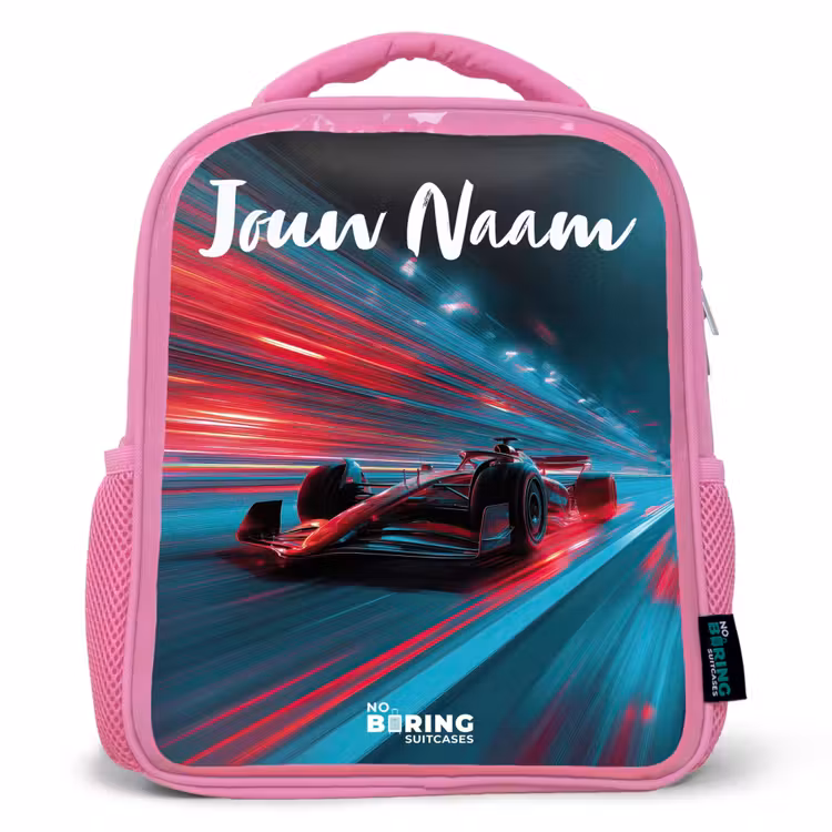 Kinderrugzak met naam - Roze - Formule 1 - Raceauto - Rood - Neonverlichting — 1
