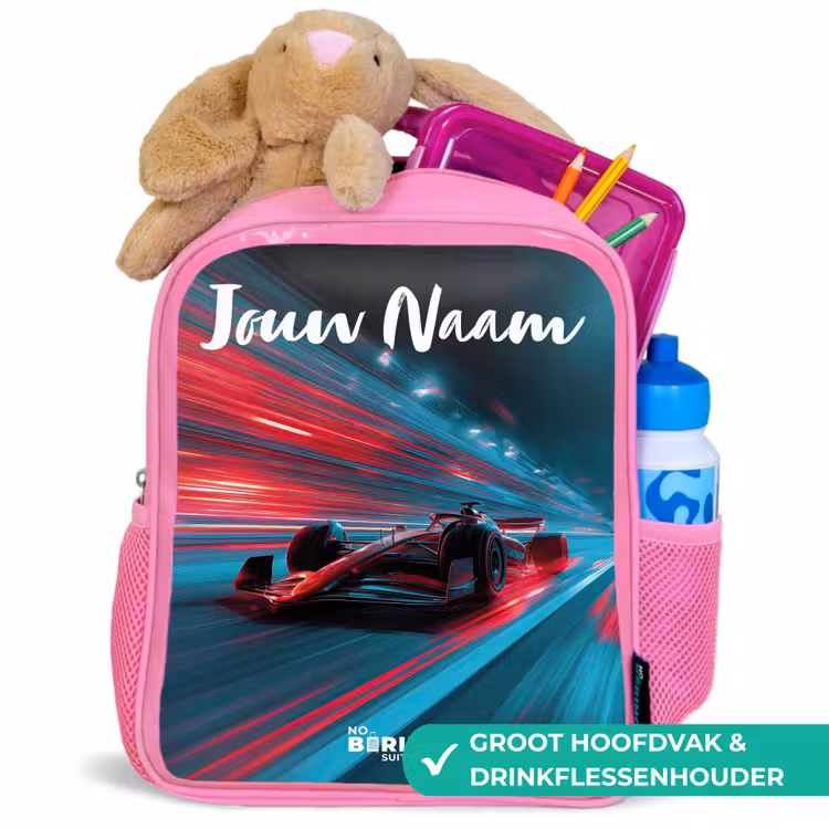 Kinderrugzak met naam - Roze - Formule 1 - Raceauto - Rood - Neonverlichting — 2