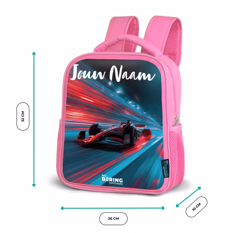 Kinderrugzak met naam - Roze - Formule 1 - Raceauto - Rood - Neonverlichting — 3