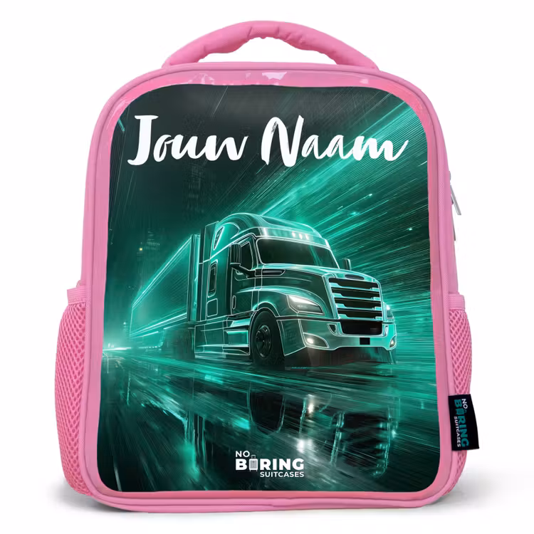 Kinderrugzak met naam - Roze - Vrachtwagen - Stad - Groen - Neon — 1