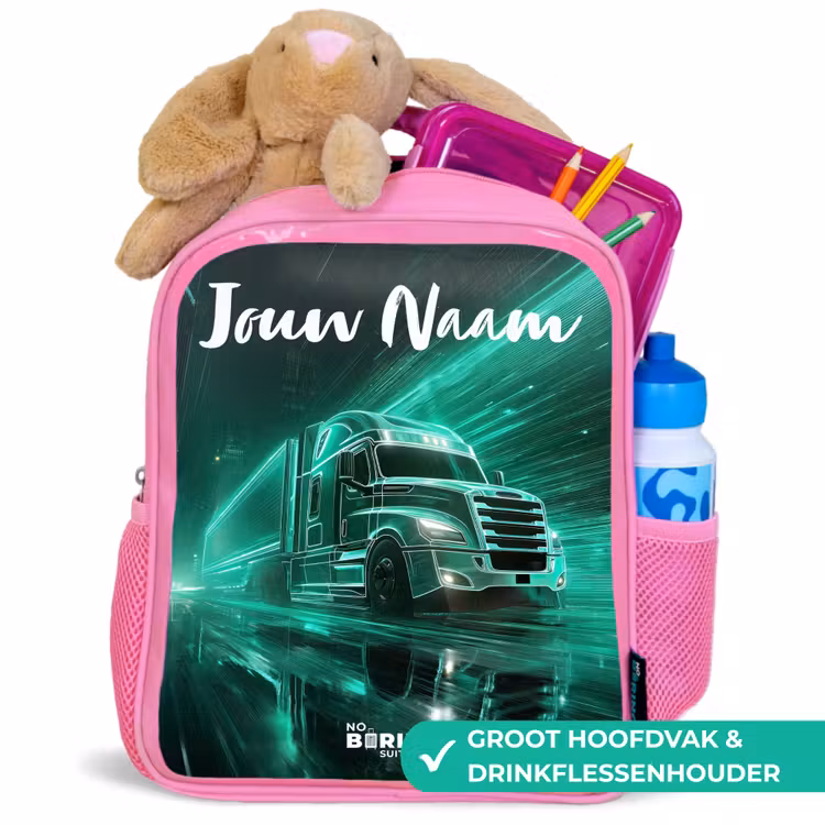 Kinderrugzak met naam - Roze - Vrachtwagen - Stad - Groen - Neon — 2