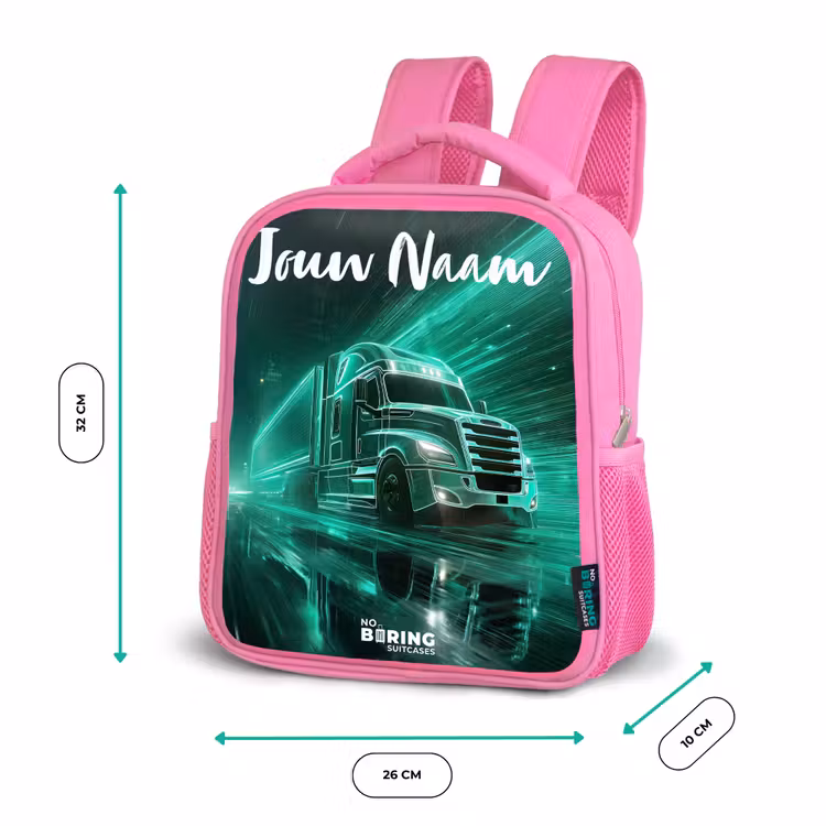 Kinderrugzak met naam - Roze - Vrachtwagen - Stad - Groen - Neon — 3