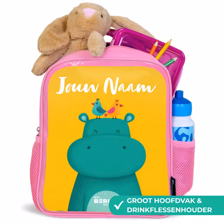 Kinderrugzak roze met naam - Nijlpaard - Vogels - Geel — 2