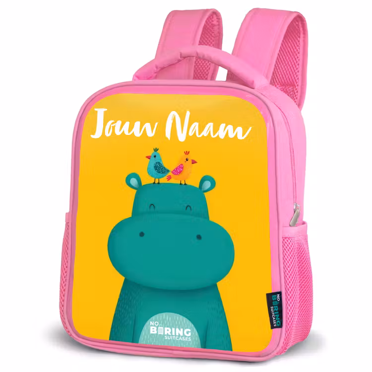 Kinderrugzak roze met naam - Nijlpaard - Vogels - Geel — 4