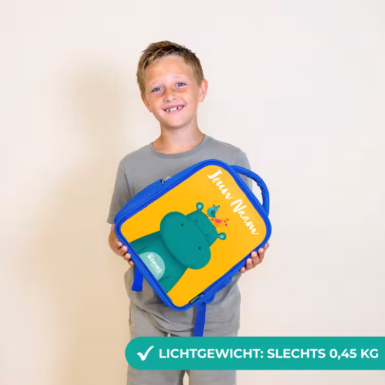 Kinderrugzak met naam - Blauw - Nijlpaard - Vogels - Geel — 2