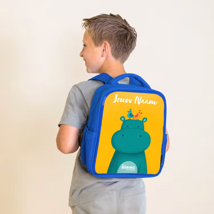 Kinderrugzak met naam - Blauw - Nijlpaard - Vogels - Geel — 3