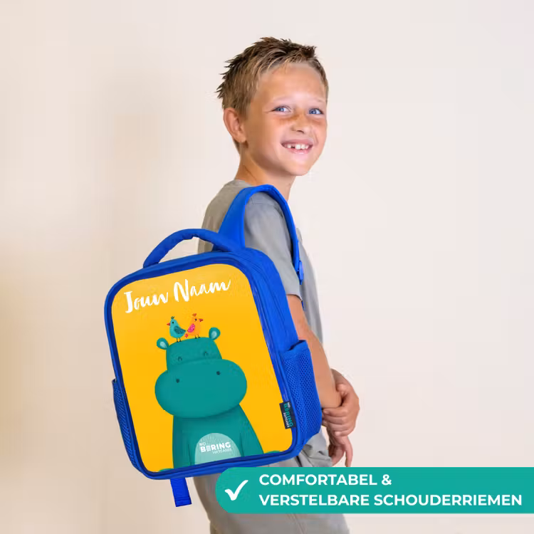 Kinderrugzak met naam - Blauw - Nijlpaard - Vogels - Geel — 4