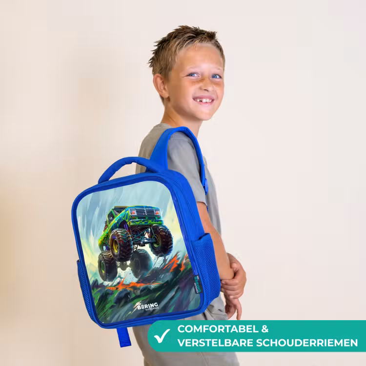 Kinderrugzak - Blauw - Groene Monstertruck met Penseelstreken — 4