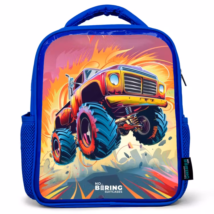 Kinderrugzak - Blauw - Roze Monstertruck Vliegt over het Asfalt — 1
