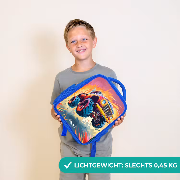 Kinderrugzak - Blauw - Roze Monstertruck Vliegt over het Asfalt — 2