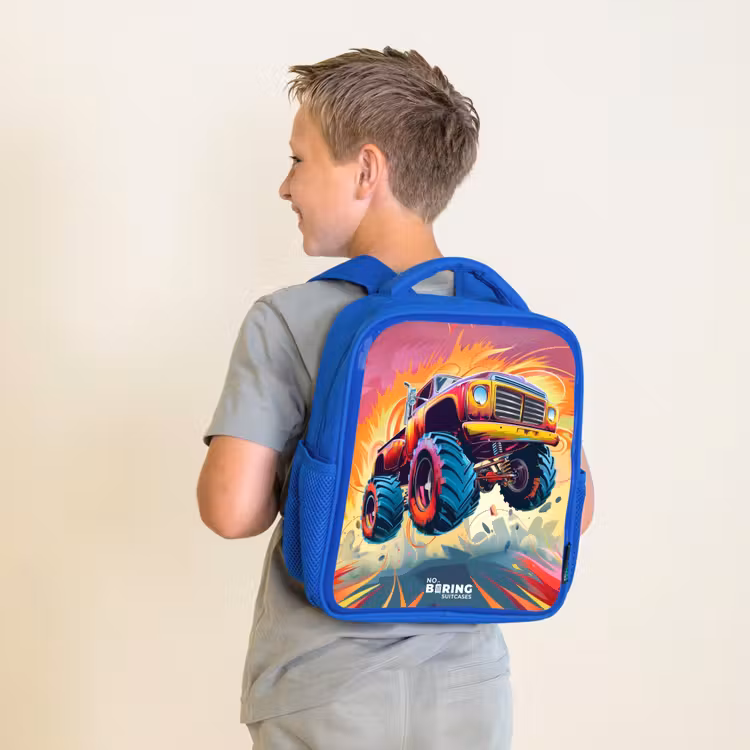 Kinderrugzak - Blauw - Roze Monstertruck Vliegt over het Asfalt — 3