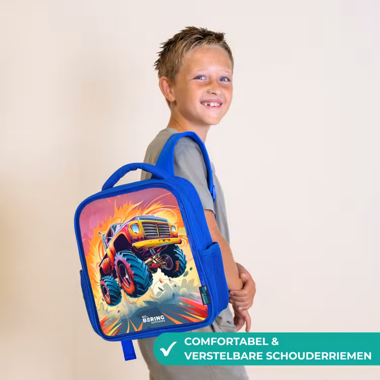Kinderrugzak - Blauw - Roze Monstertruck Vliegt over het Asfalt — 4