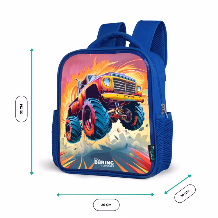Kinderrugzak - Blauw - Roze Monstertruck Vliegt over het Asfalt — 5