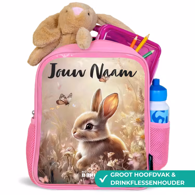Kinderrugzak met naam - Roze - Konijntje - Bruin - Bloemen - Vlinders — 2