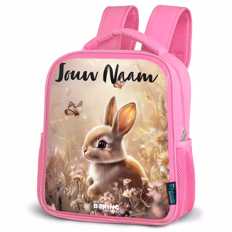 Kinderrugzak met naam - Roze - Konijntje - Bruin - Bloemen - Vlinders — 4