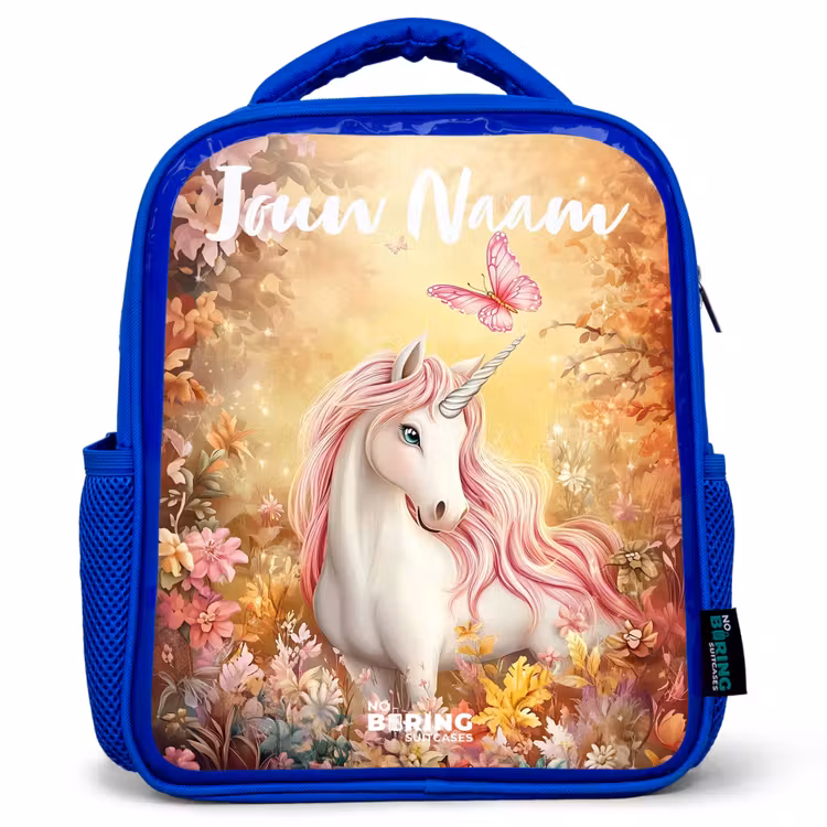Kinderrugzak met naam - Blauw - Eenhoorn - Vlinder - Roze - Manen — 1