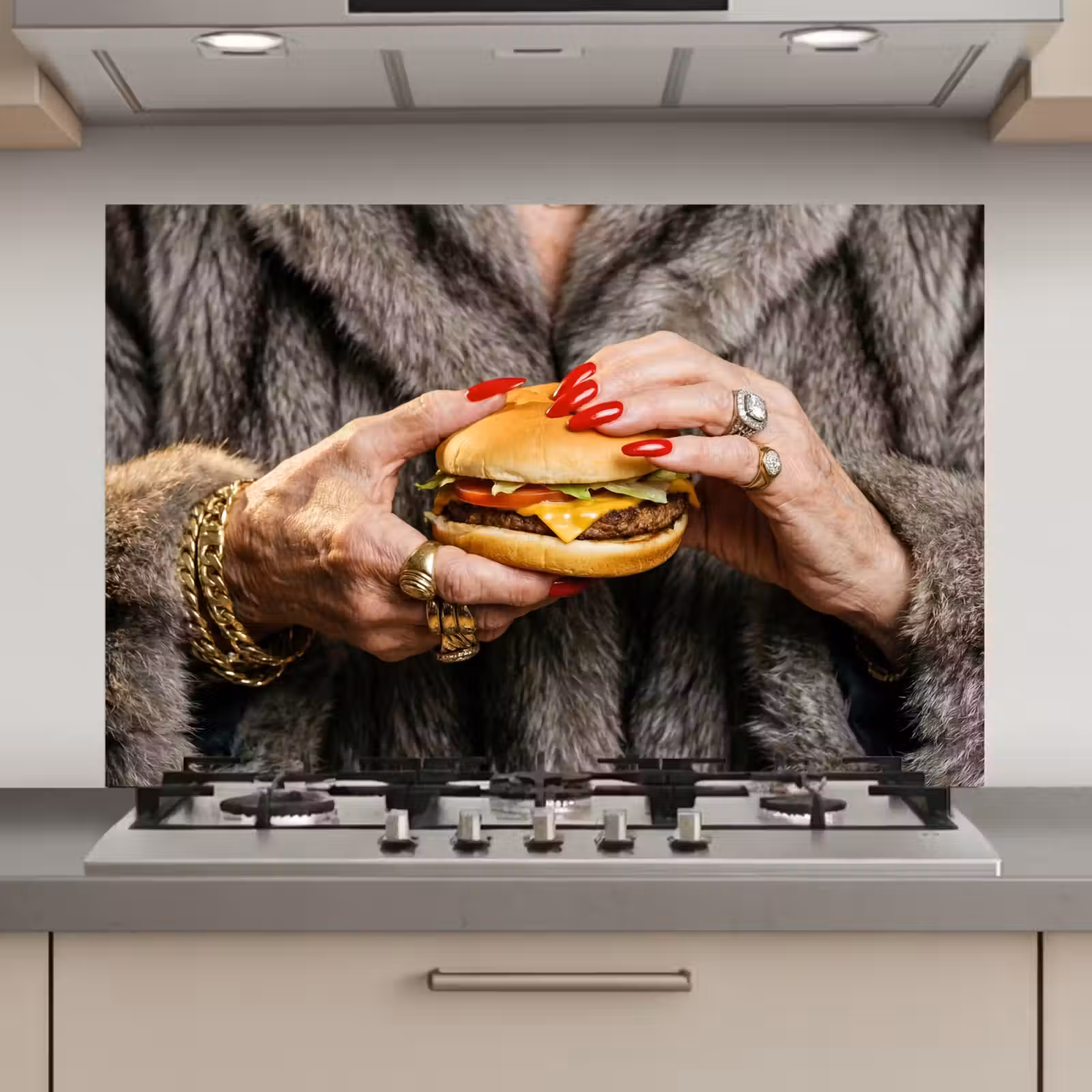 Spatscherm keuken - Vrouw - Hamburger - Bontjas — 1