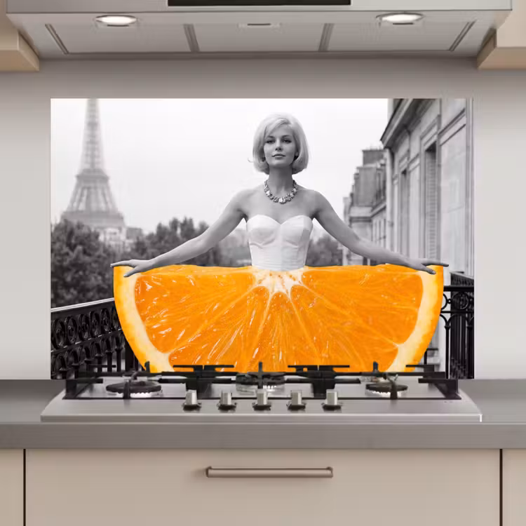 Spatscherm keuken - Sinaasappel - Eiffeltoren - Vrouw — 1
