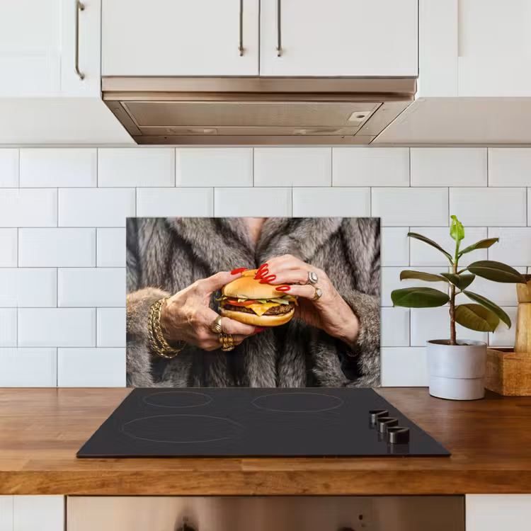 Spatscherm keuken - Vrouw - Hamburger - Bontjas — 6