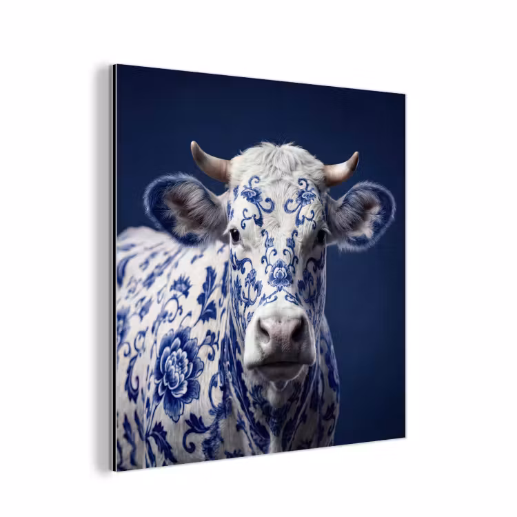 Aluminium schilderij - Koe - Delfts - Blauw - Artistiek — 1