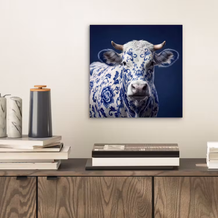 Aluminium schilderij - Koe - Delfts - Blauw - Artistiek — 2