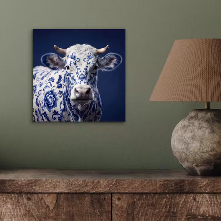 Aluminium schilderij - Koe - Delfts - Blauw - Artistiek — 3