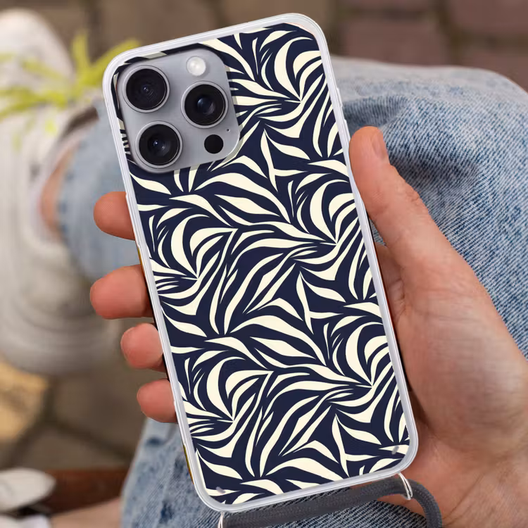 Telefoonhoesje met koord - Bladvormen - Blauw - Patroon - Wit — 2