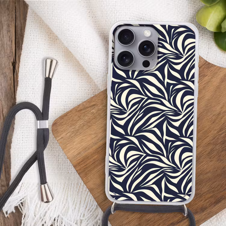 Telefoonhoesje met koord - Bladvormen - Blauw - Patroon - Wit — 3