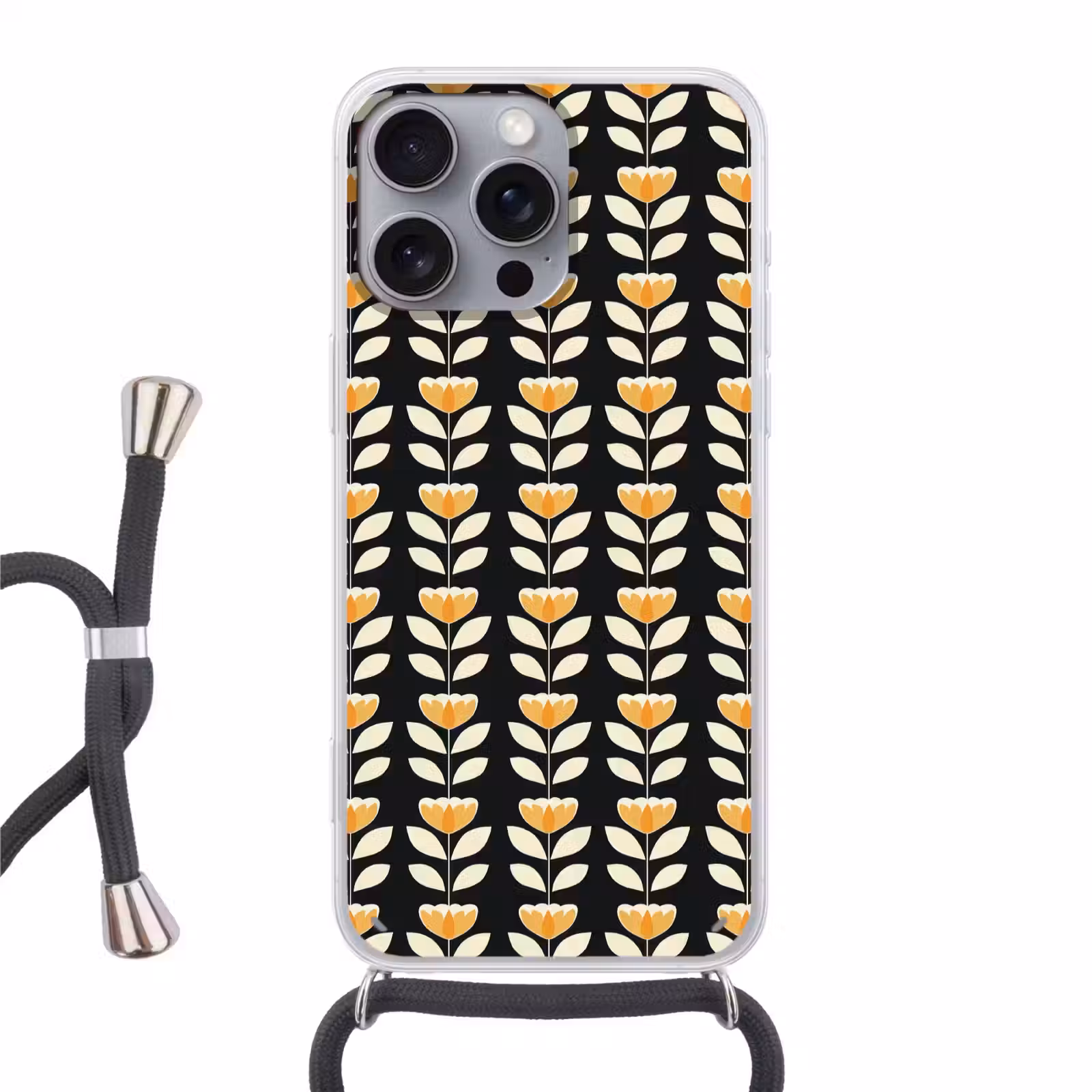 Telefoonhoesje met koord - Retro - Bloem - Zwart - Okergeel — 1